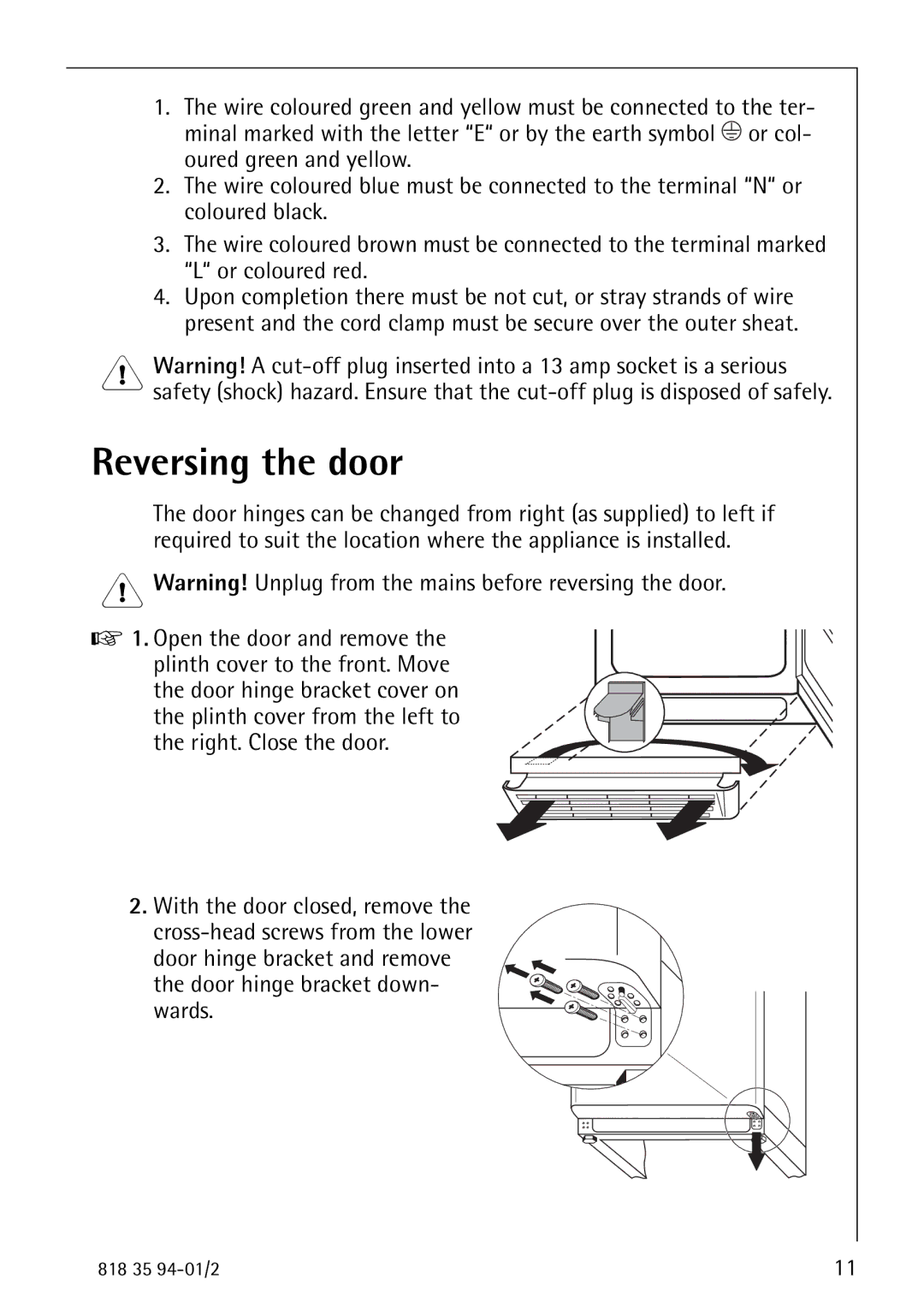 Electrolux 818 35 94-01/2 manual Reversing the door, Right. Close the door 