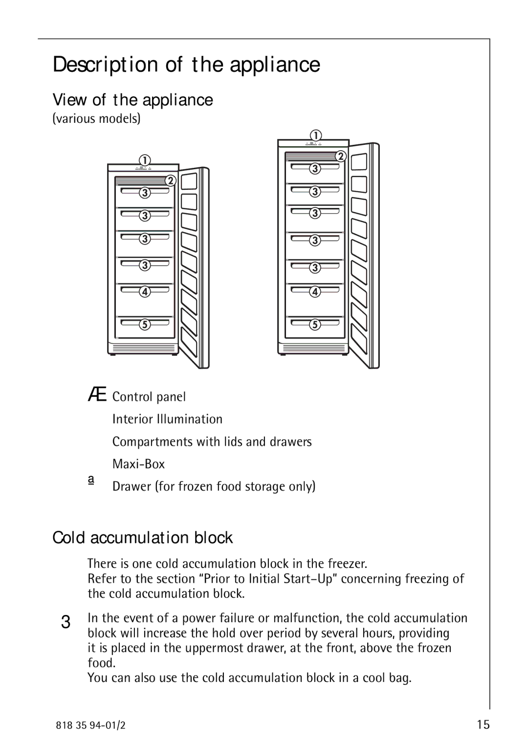 Electrolux 818 35 94-01/2 manual Description of the appliance, View of the appliance, Cold accumulation block 