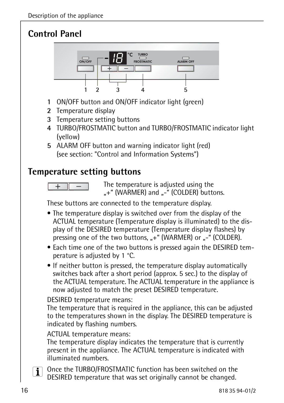 Electrolux 818 35 94-01/2 manual Control Panel, Temperature setting buttons 