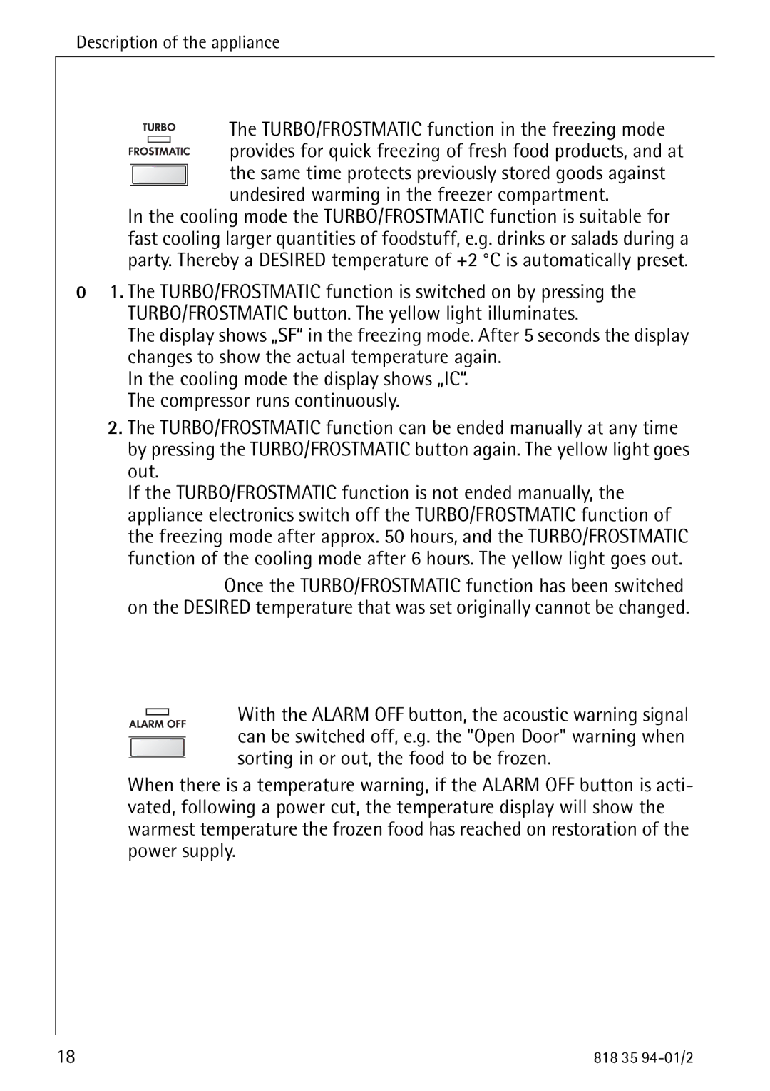 Electrolux 818 35 94-01/2 manual TURBO/FROSTMATIC-button, Alarm OFF button 