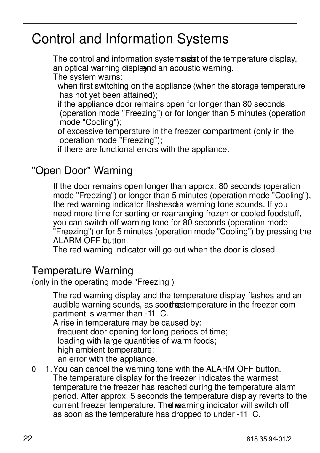 Electrolux 818 35 94-01/2 manual Control and Information Systems, Open Door Warning, Temperature Warning 