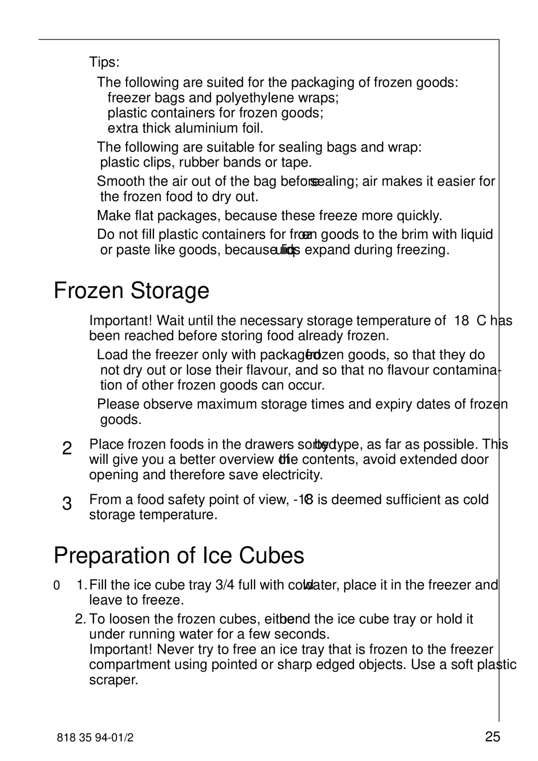 Electrolux 818 35 94-01/2 manual Frozen Storage, Preparation of Ice Cubes, Tips 