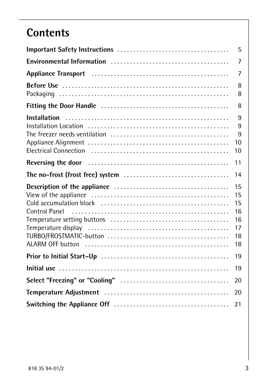 Electrolux 818 35 94-01/2 manual Contents 