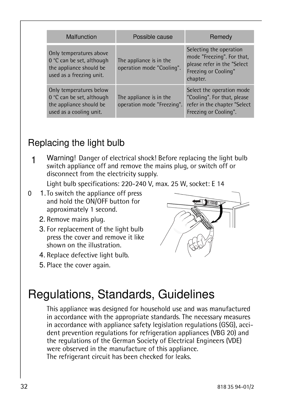 Electrolux 818 35 94-01/2 manual Regulations, Standards, Guidelines, Replacing the light bulb 