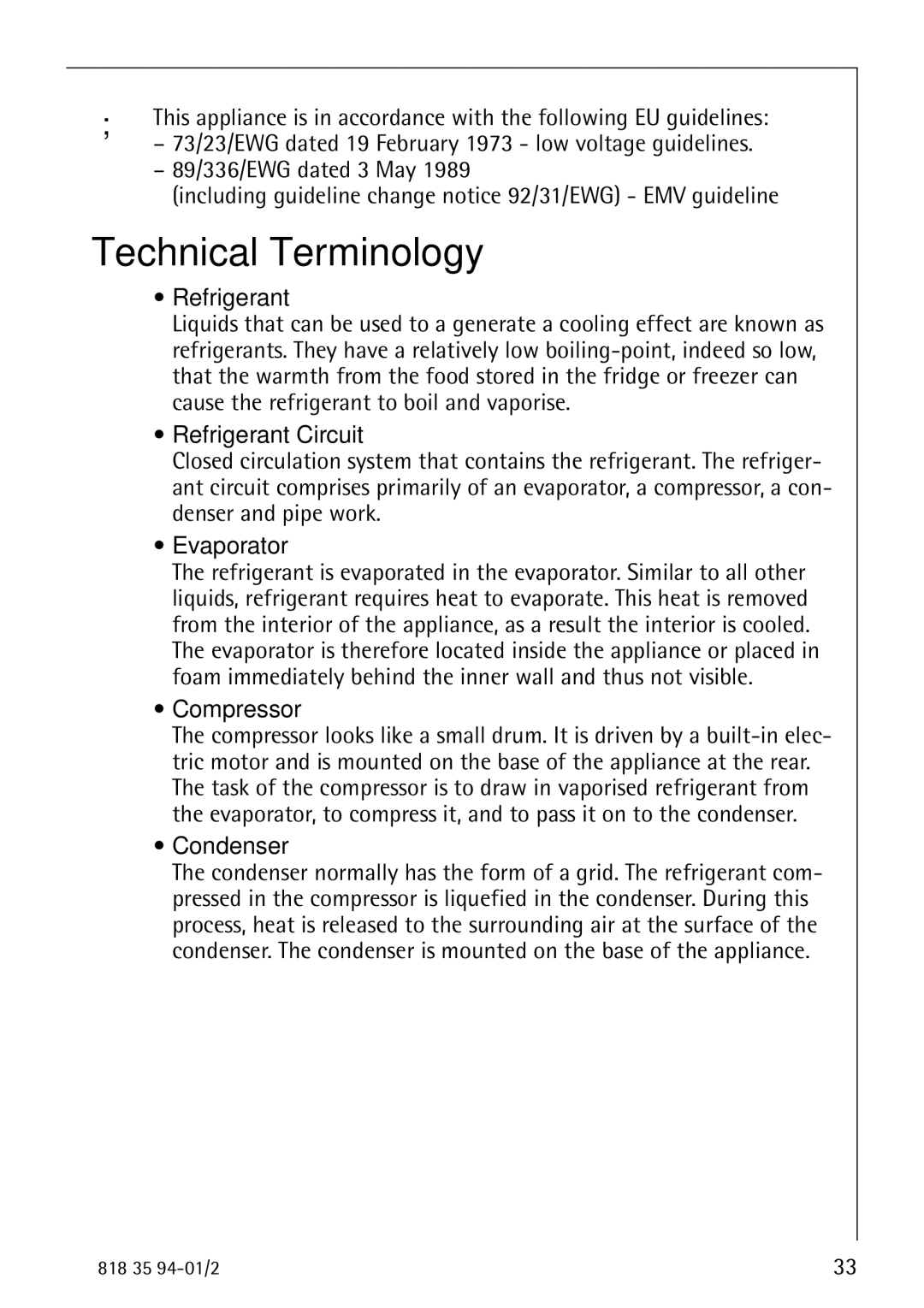 Electrolux 818 35 94-01/2 manual Technical Terminology, Refrigerant Circuit, Evaporator, Compressor, Condenser 