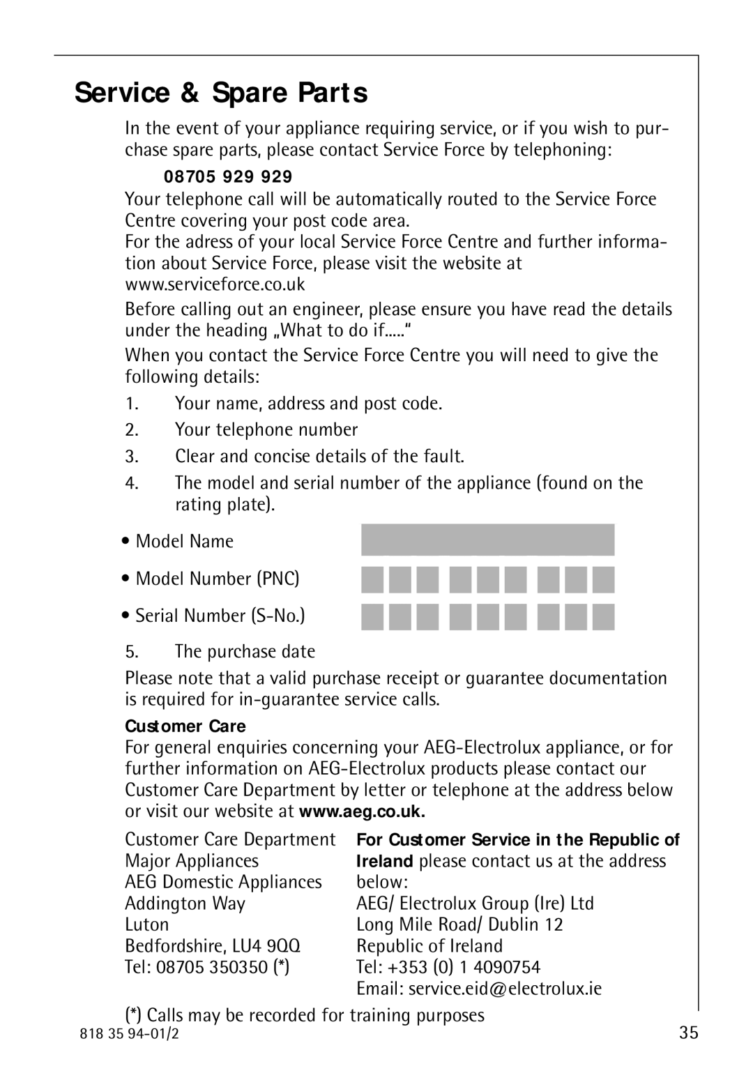 Electrolux 818 35 94-01/2 manual Service & Spare Parts, 08705 929, Customer Care, Major Appliances 