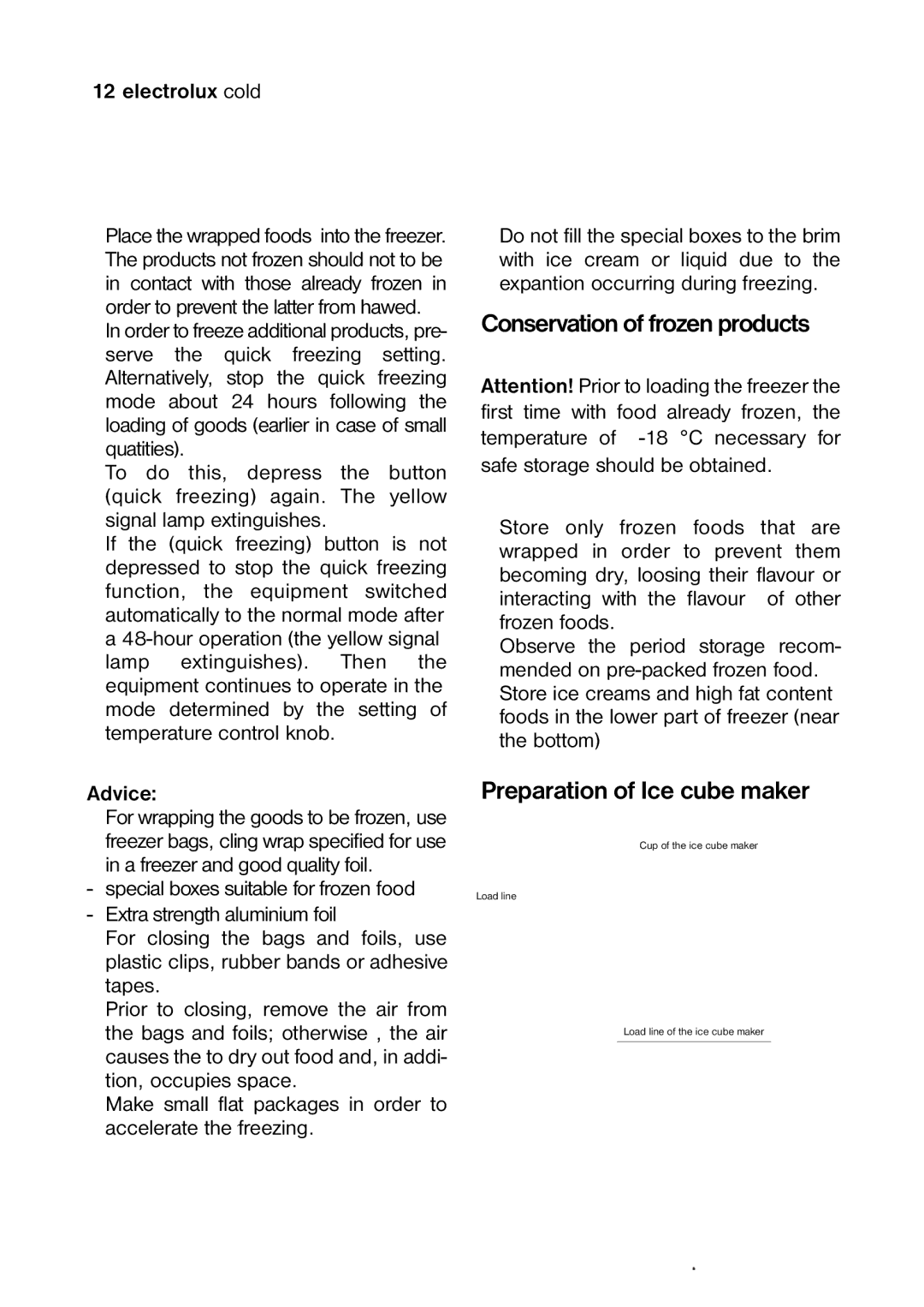 Electrolux 820 41 77 06 manual Conservation of frozen products, Preparation of Ice cube maker 