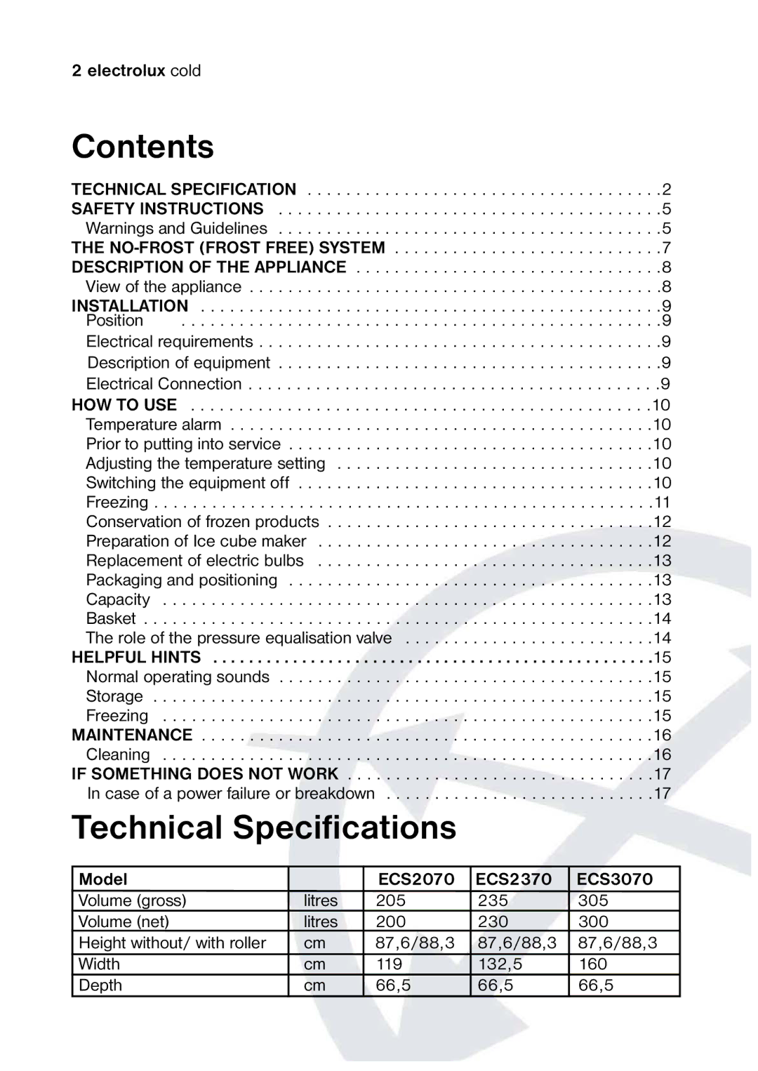 Electrolux 820 41 77 06 manual Contents, Technical Specifications 