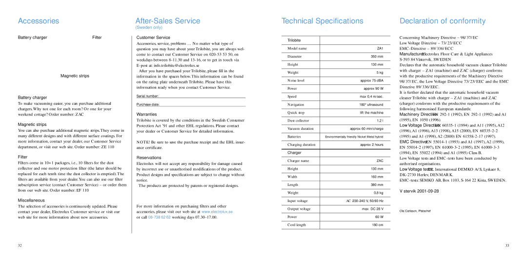 Electrolux 8228226-02 manual Accessories After-Sales Service, Technical Specifications Declaration of conformity 