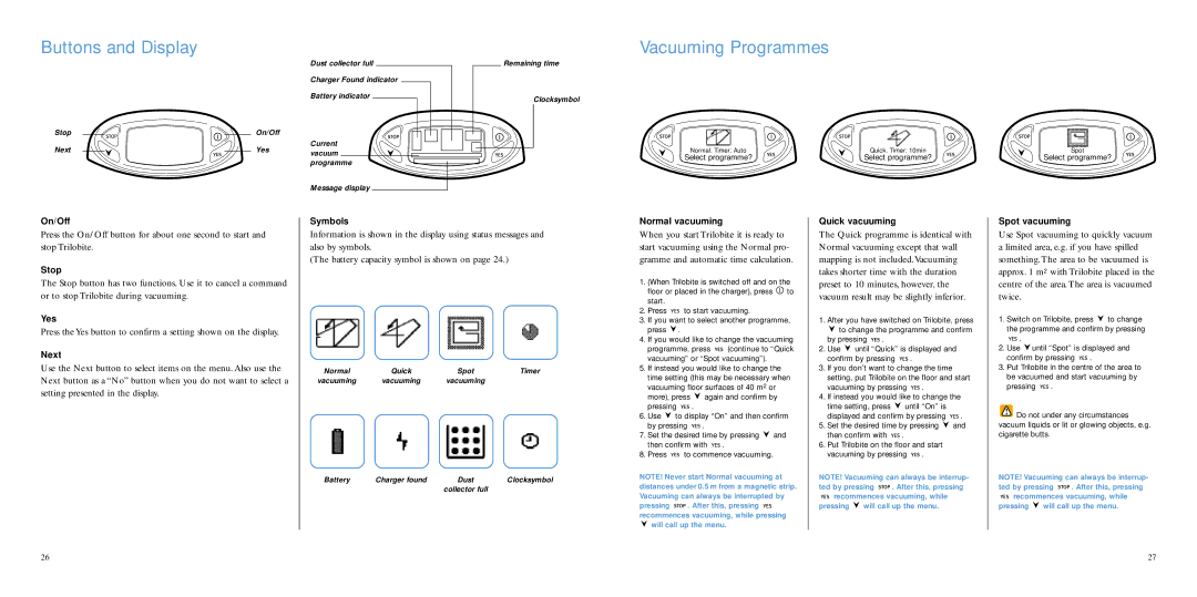 Electrolux 8228226-02 manual Buttons and Display, Vacuuming Programmes 