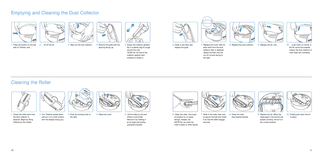 Electrolux 8228226-02 manual Emptying and Cleaning the Dust Collector, Cleaning the Roller 