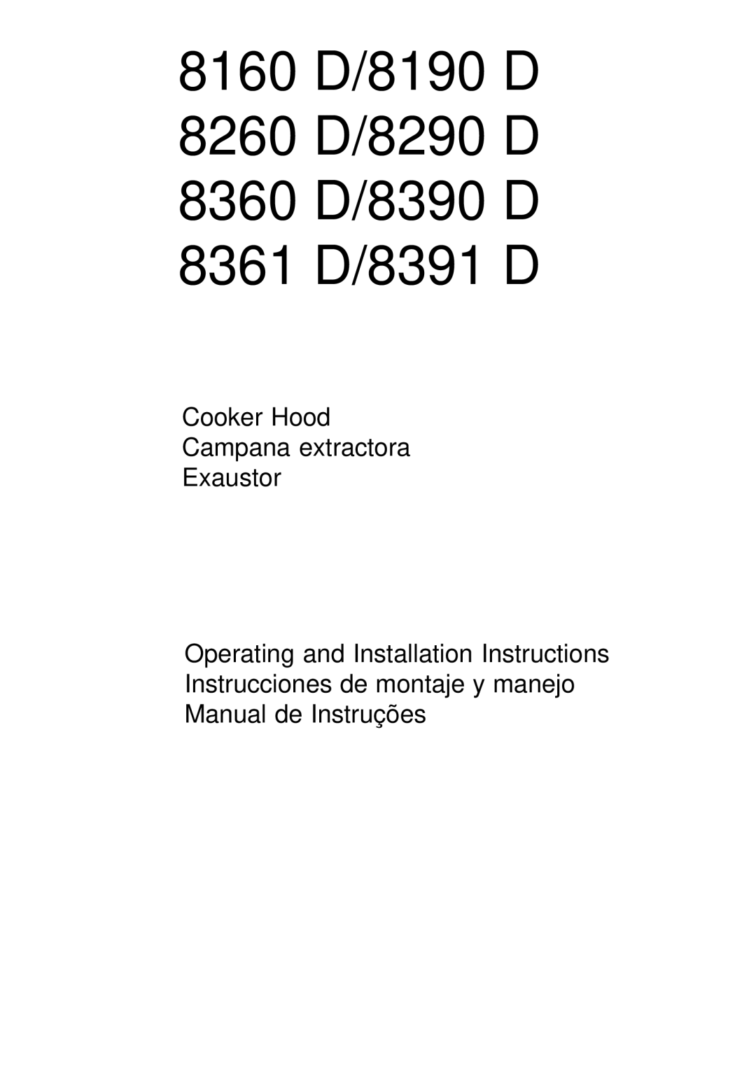 Electrolux installation instructions 8160 D/8190 D 8260 D/8290 D 8360 D/8390 D 8361 D/8391 D 