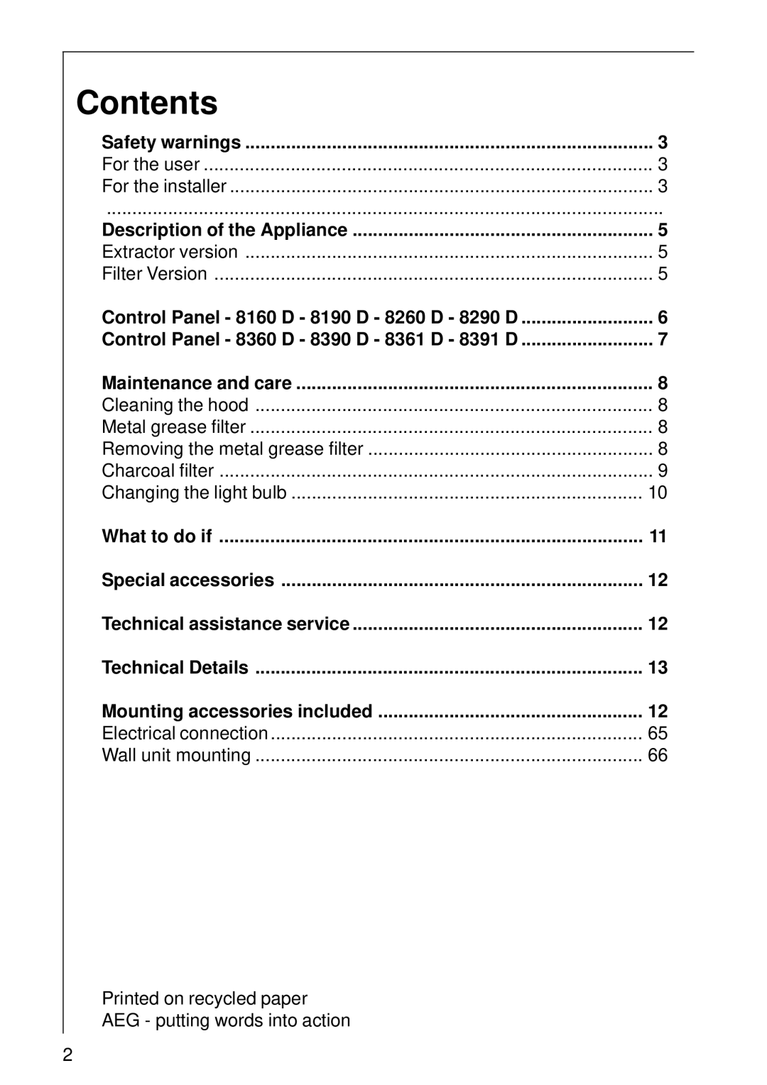 Electrolux 8391, 8290 D, 8390 D, 8260 D, 8361 D, 8360 D, 8190 D installation instructions Contents 