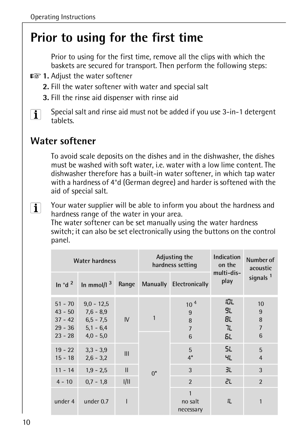 Electrolux 85050 VI Prior to using for the first time, Water softener, Tablets, Hardness range of the water in your area 