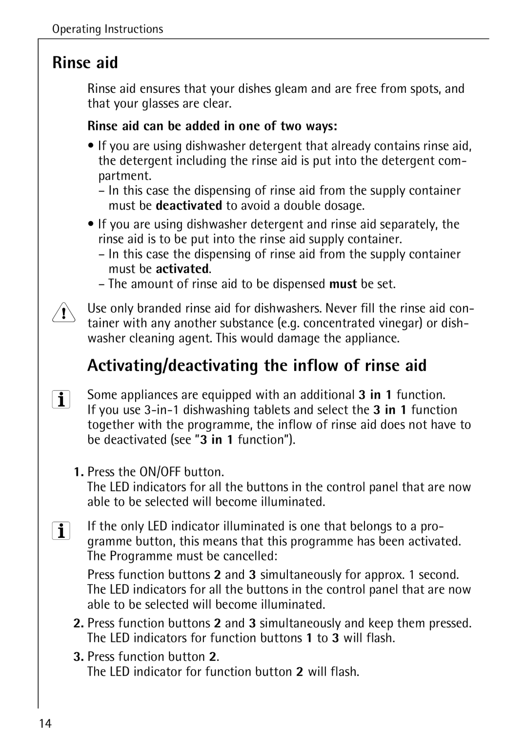 Electrolux 85050 VI manual Activating/deactivating the inflow of rinse aid, Rinse aid can be added in one of two ways 