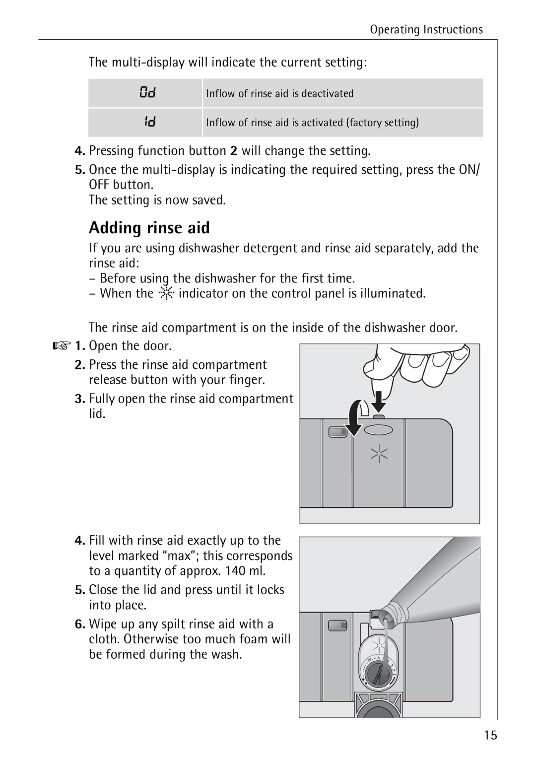 Electrolux 85050 VI manual Adding rinse aid, Multi-display will indicate the current setting 