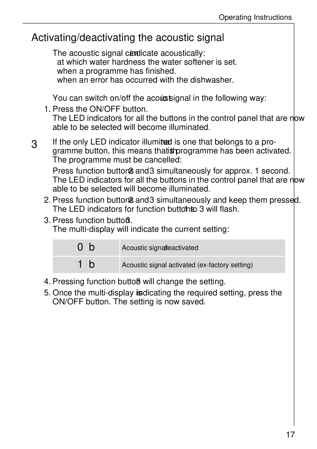 Electrolux 85050 VI manual Activating/deactivating the acoustic signal 