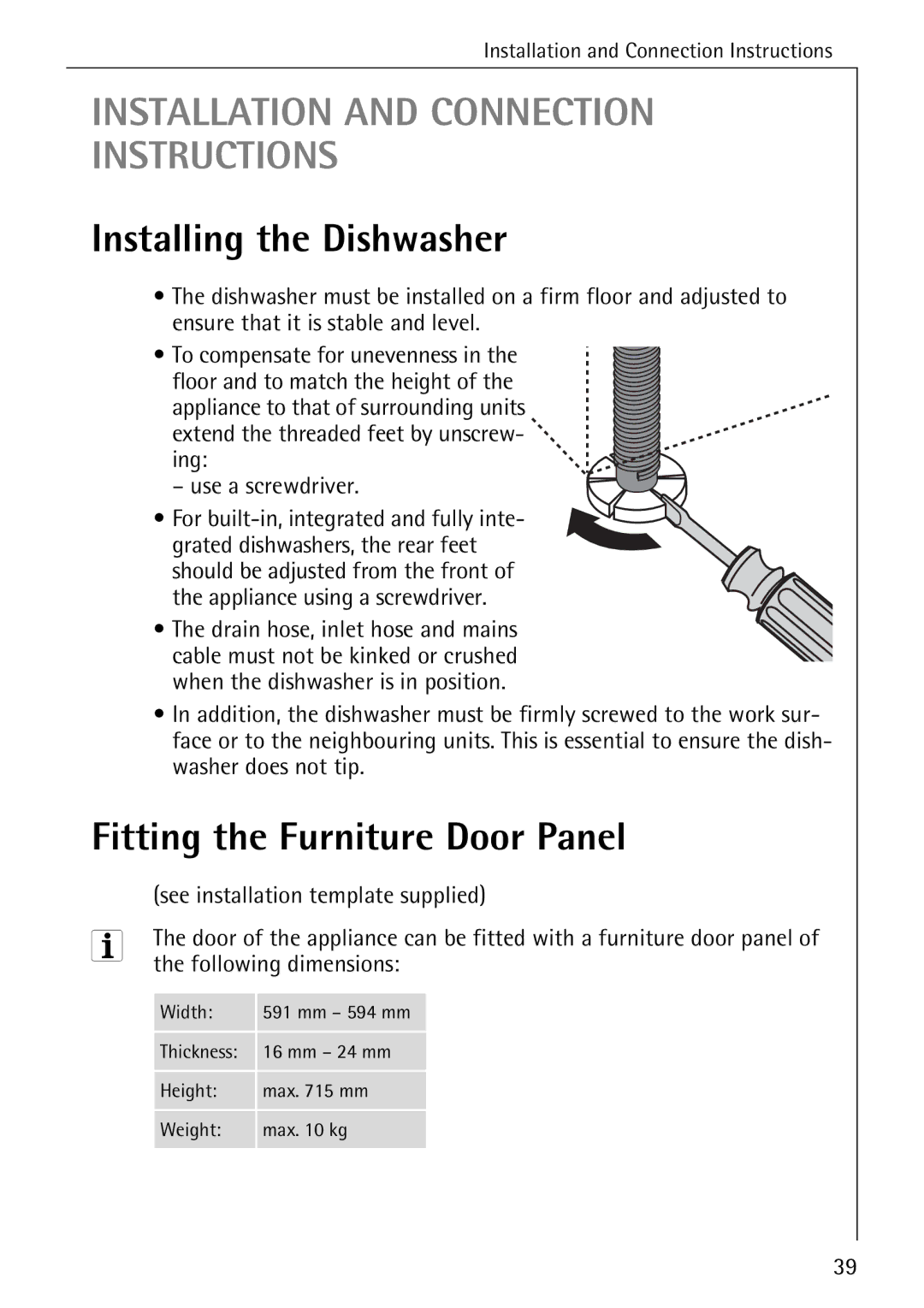 Electrolux 85050 VI manual Installing the Dishwasher, Fitting the Furniture Door Panel, See installation template supplied 