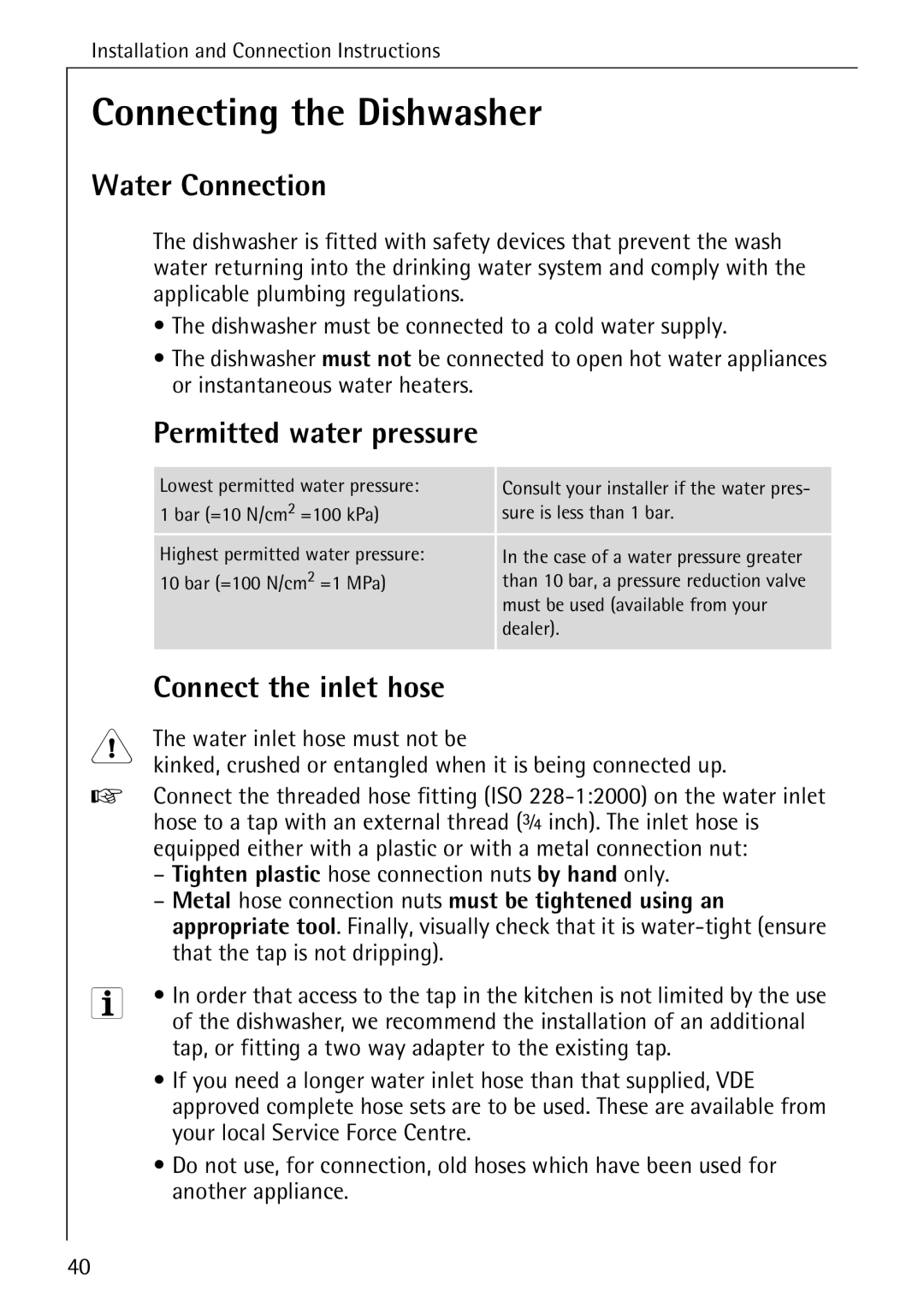 Electrolux 85050 VI manual Connecting the Dishwasher, Water Connection, Permitted water pressure, Connect the inlet hose 