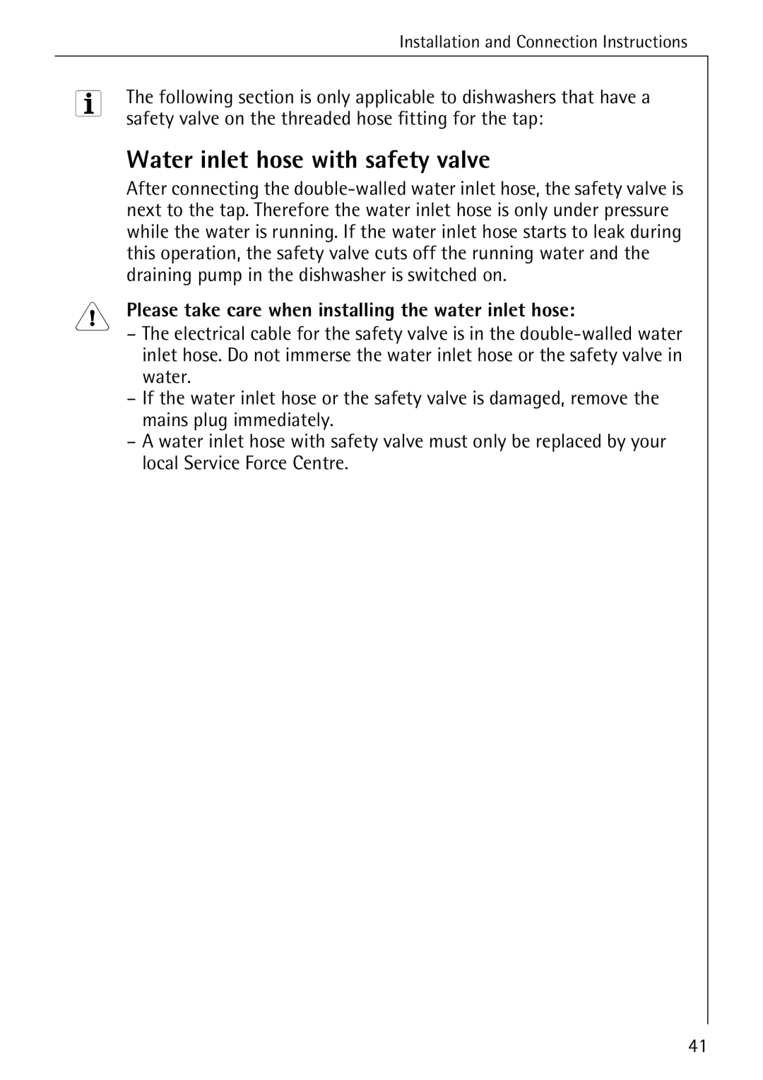 Electrolux 85050 VI manual Water inlet hose with safety valve, Safety valve on the threaded hose fitting for the tap 