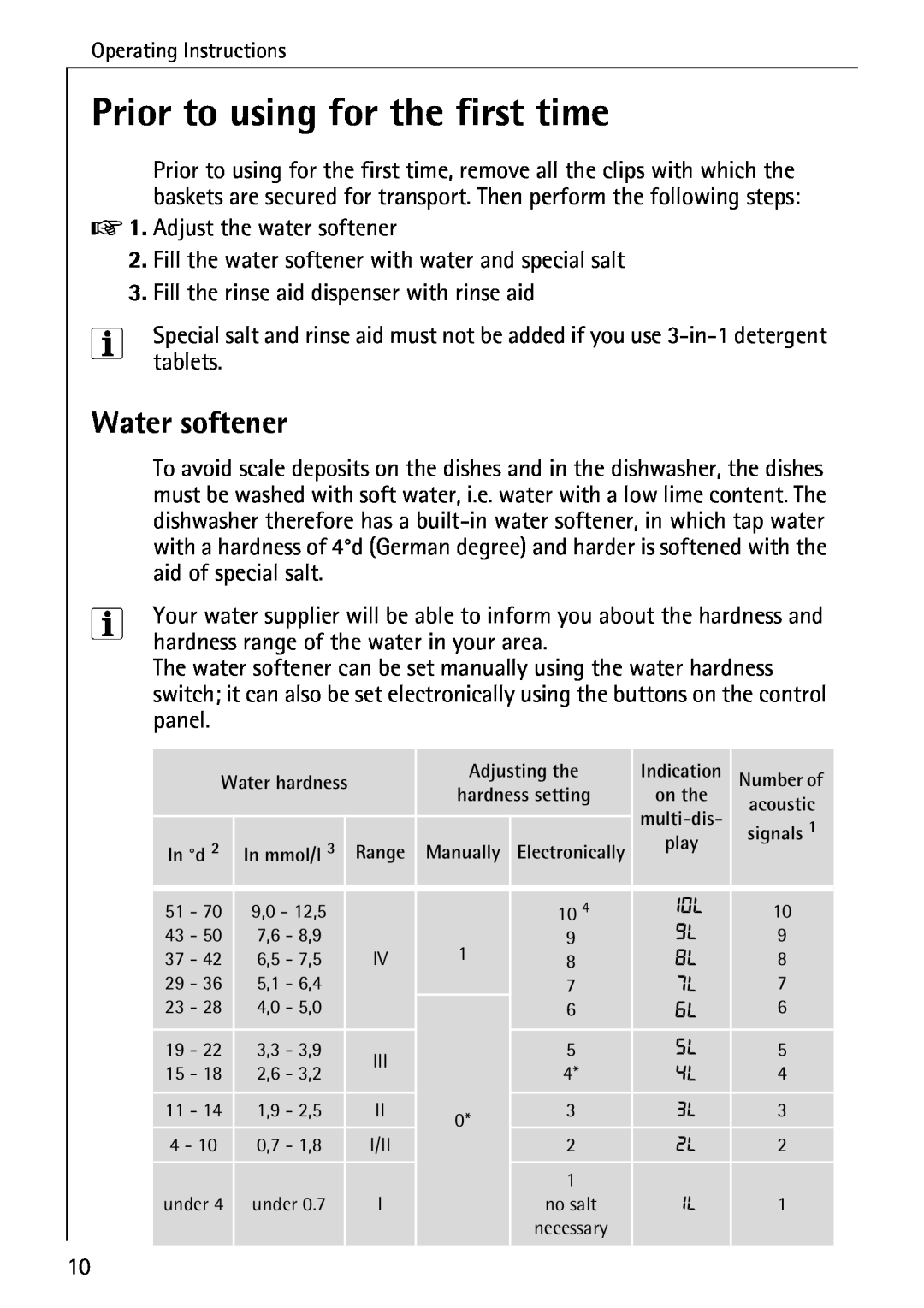 Electrolux 85050 VI manual Prior to using for the first time, Water softener 