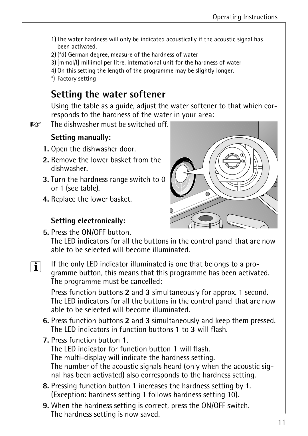 Electrolux 85050 VI Setting the water softener, Setting manually, Setting electronically 