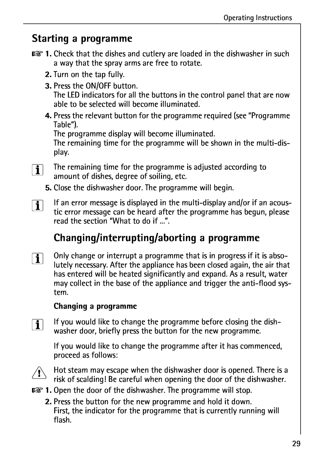 Electrolux 85050 VI manual Starting a programme, Changing/interrupting/aborting a programme, Changing a programme 