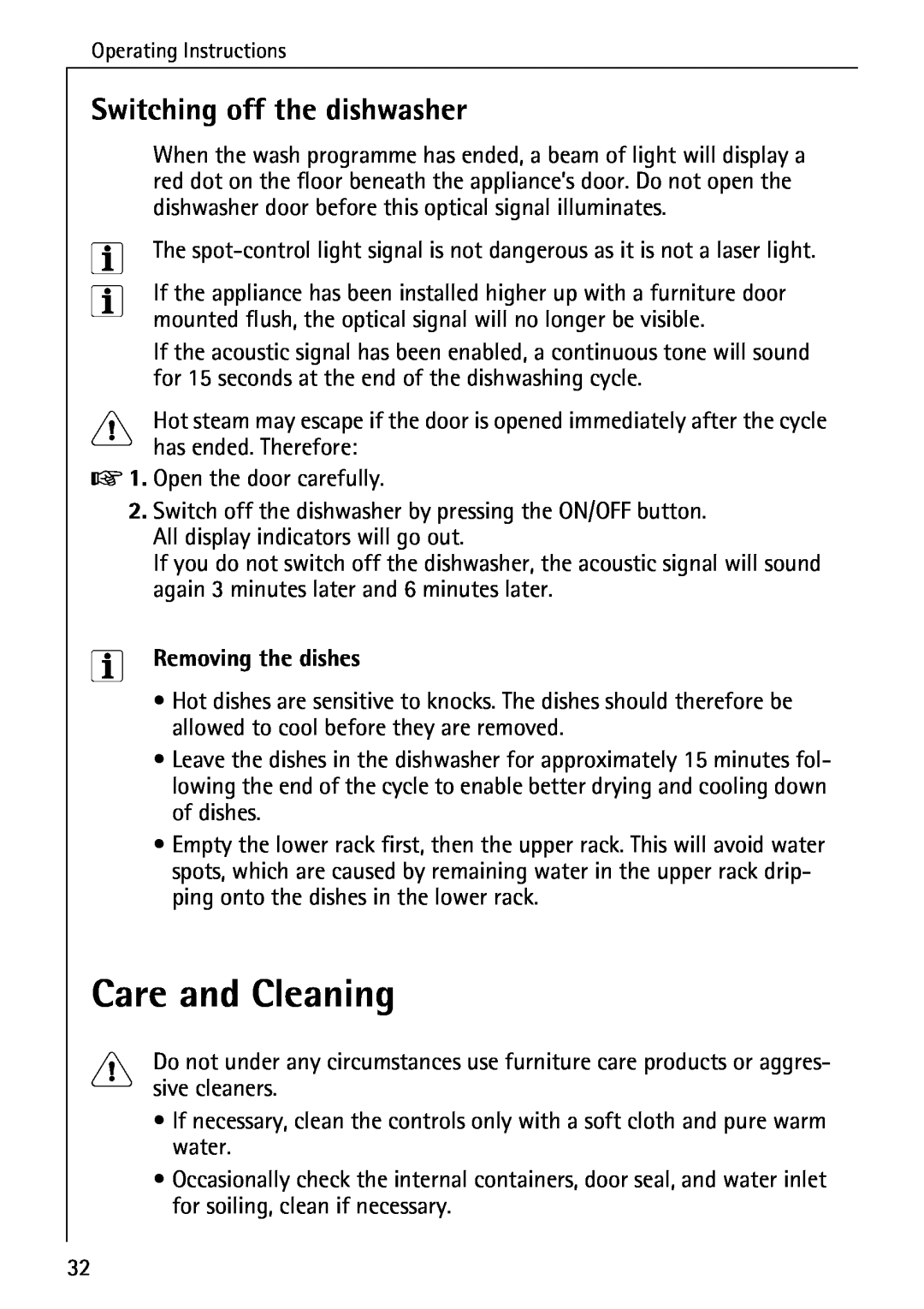 Electrolux 85050 VI manual Care and Cleaning, Switching off the dishwasher, Removing the dishes 