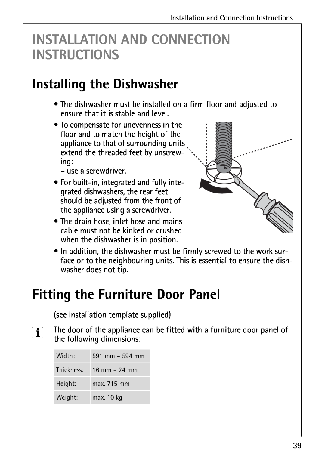 Electrolux 85050 VI Installation And Connection Instructions, Installing the Dishwasher, Fitting the Furniture Door Panel 
