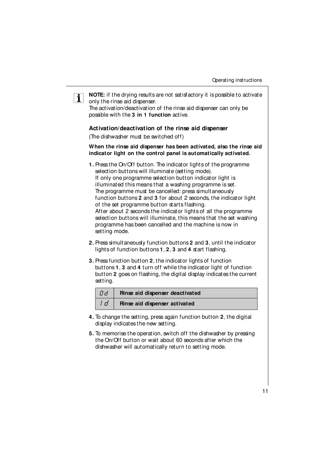 Electrolux 85480 VI manual Activation/deactivation of the rinse aid dispenser 