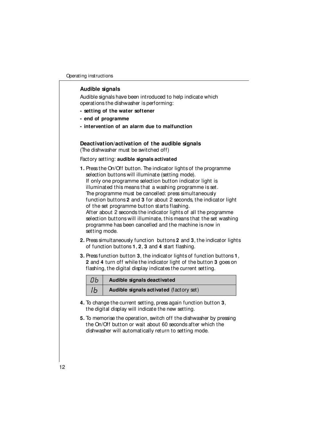 Electrolux 85480 VI manual Audible signals, Deactivation/activation of the audible signals 