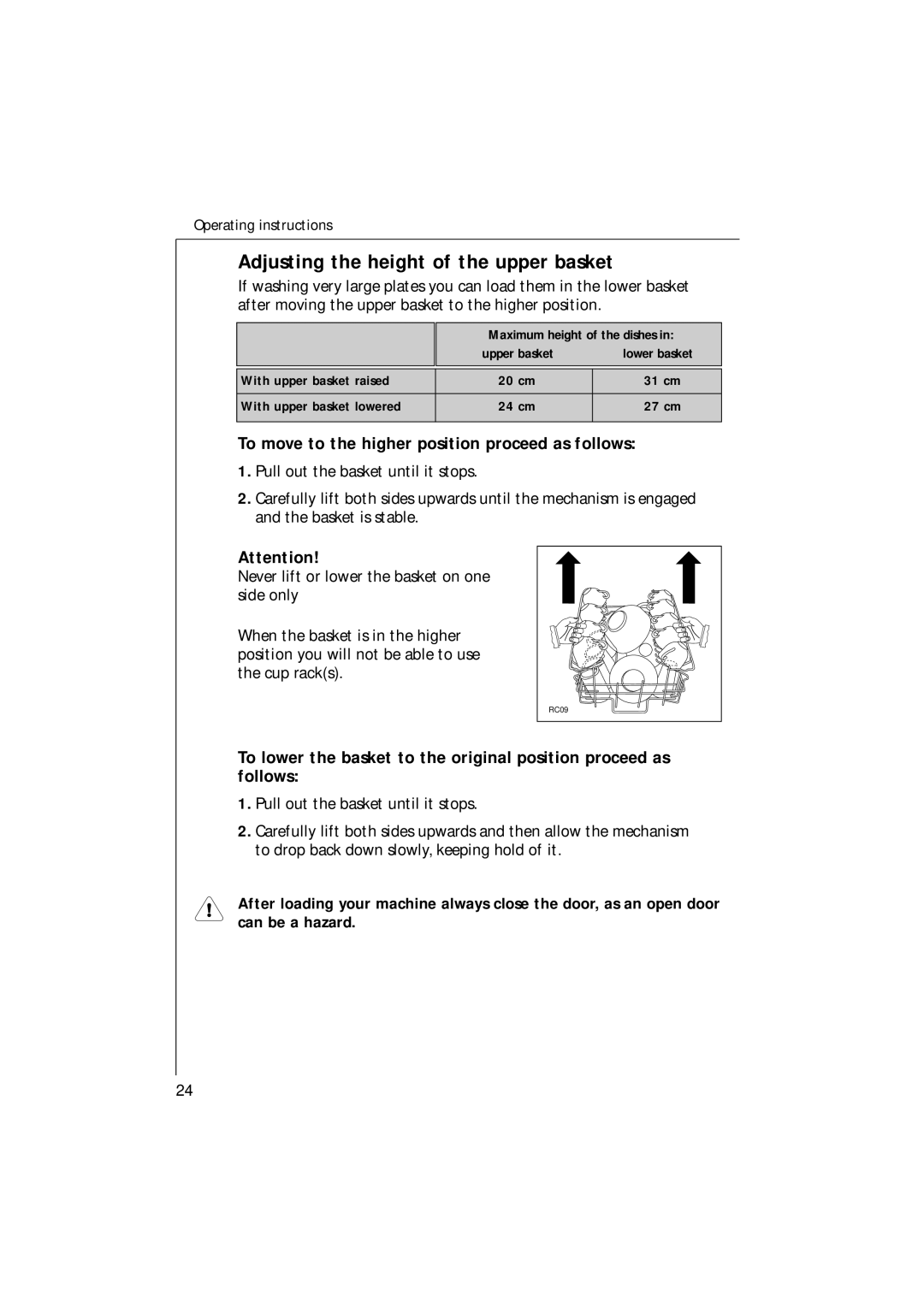 Electrolux 85480 VI manual Adjusting the height of the upper basket, To move to the higher position proceed as follows 