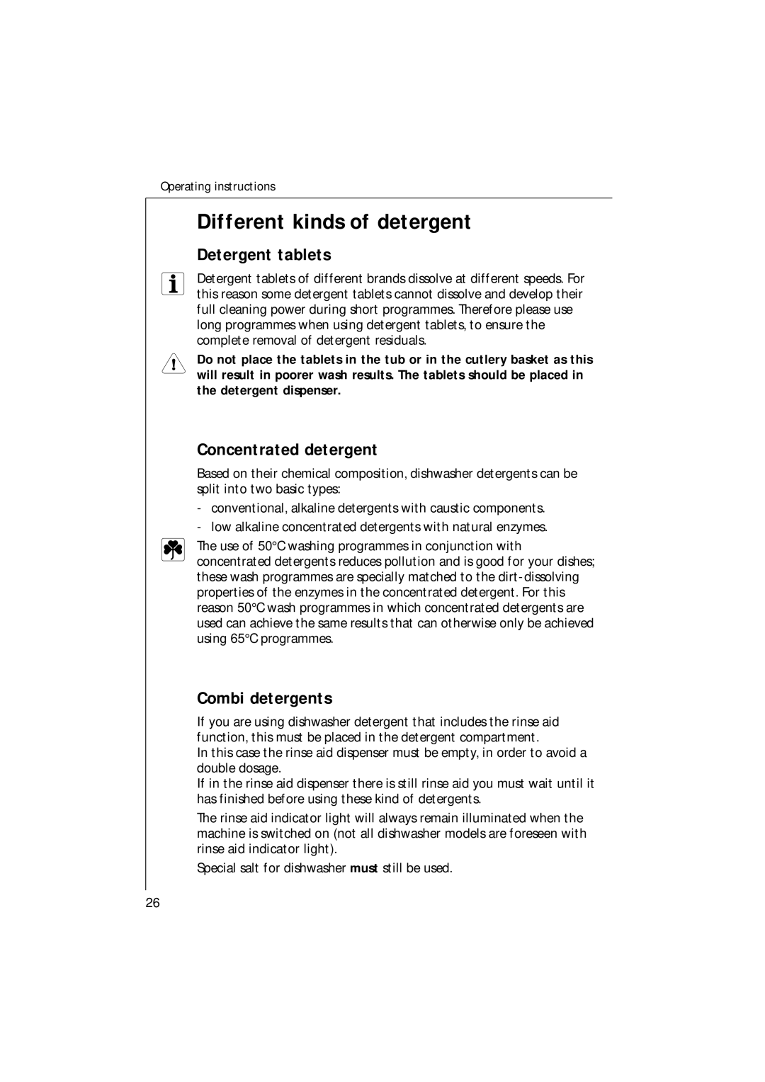 Electrolux 85480 VI manual Different kinds of detergent, Detergent tablets, Concentrated detergent, Combi detergents 