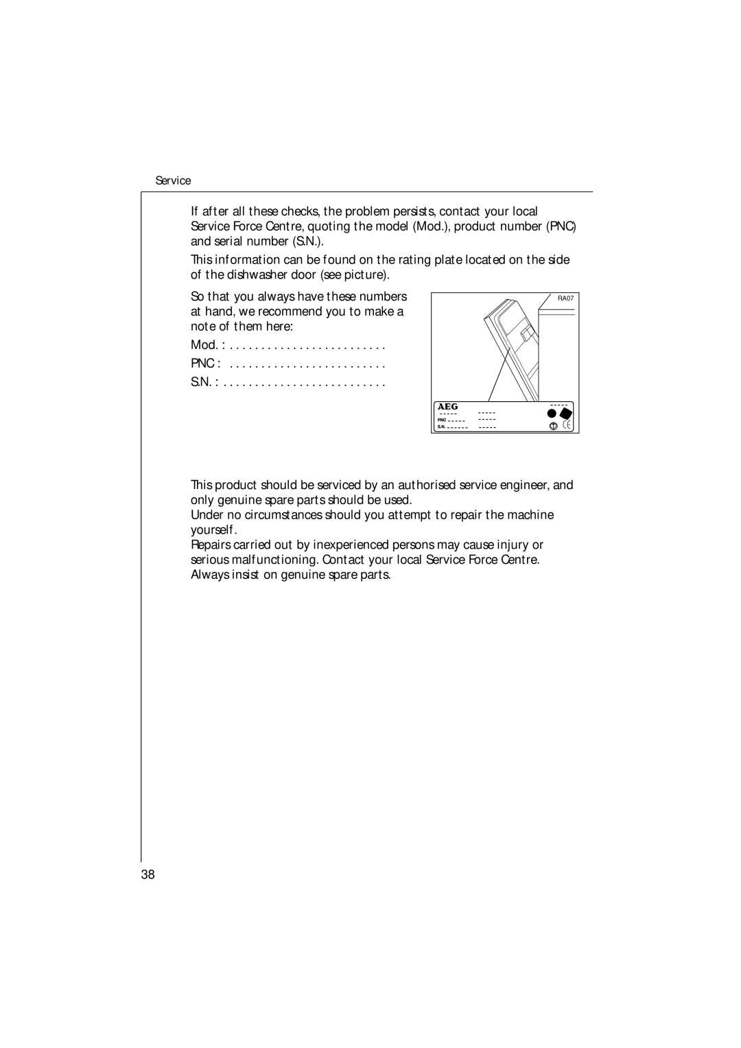 Electrolux 85480 VI manual Service 