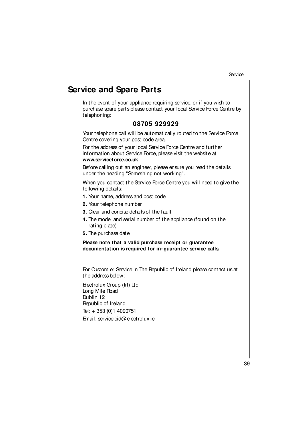 Electrolux 85480 VI manual Service and Spare Parts, 08705 