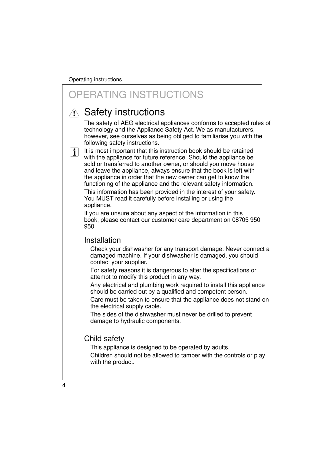 Electrolux 85480 VI manual Safety instructions, Installation, Child safety 