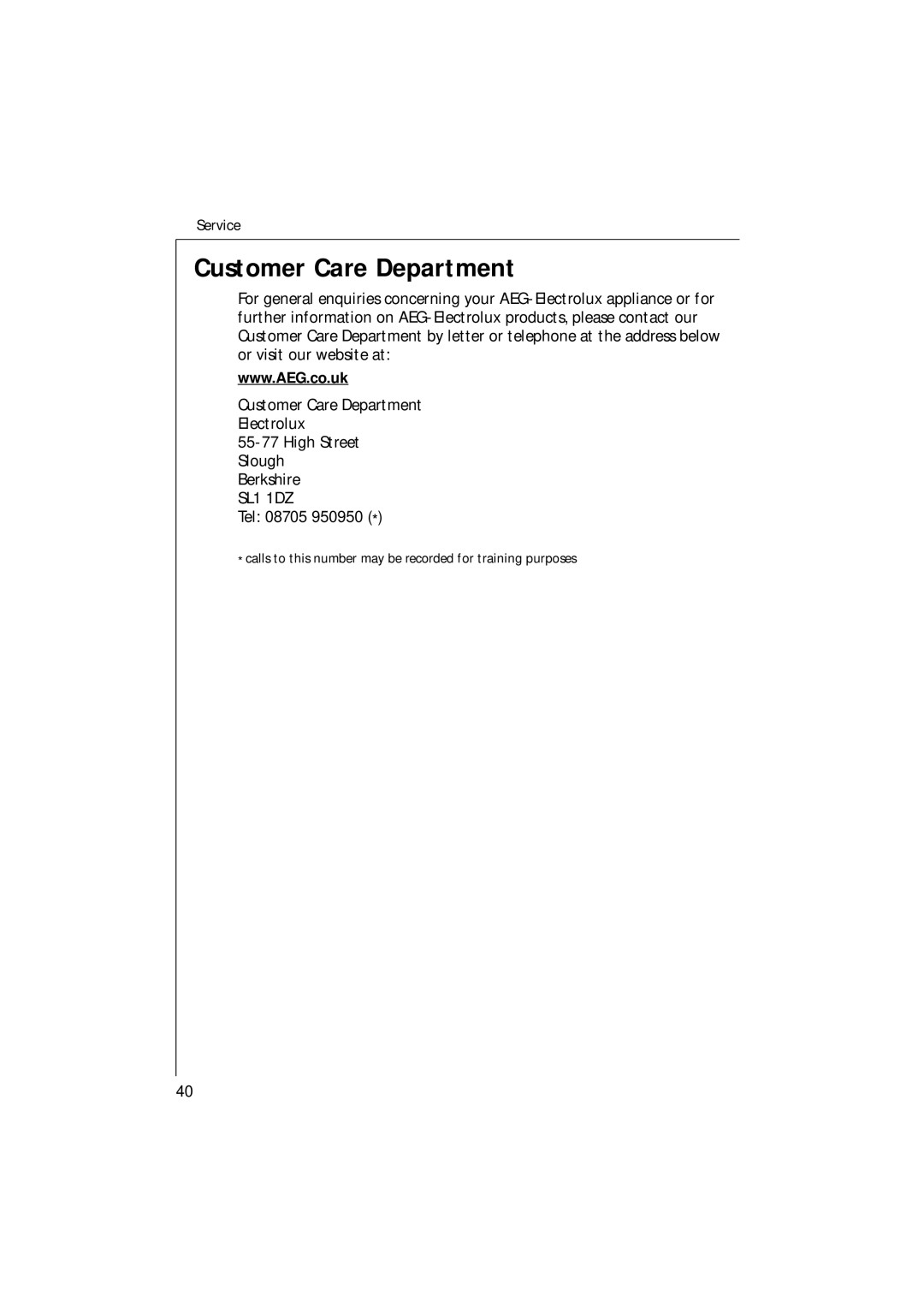 Electrolux 85480 VI manual Customer Care Department 