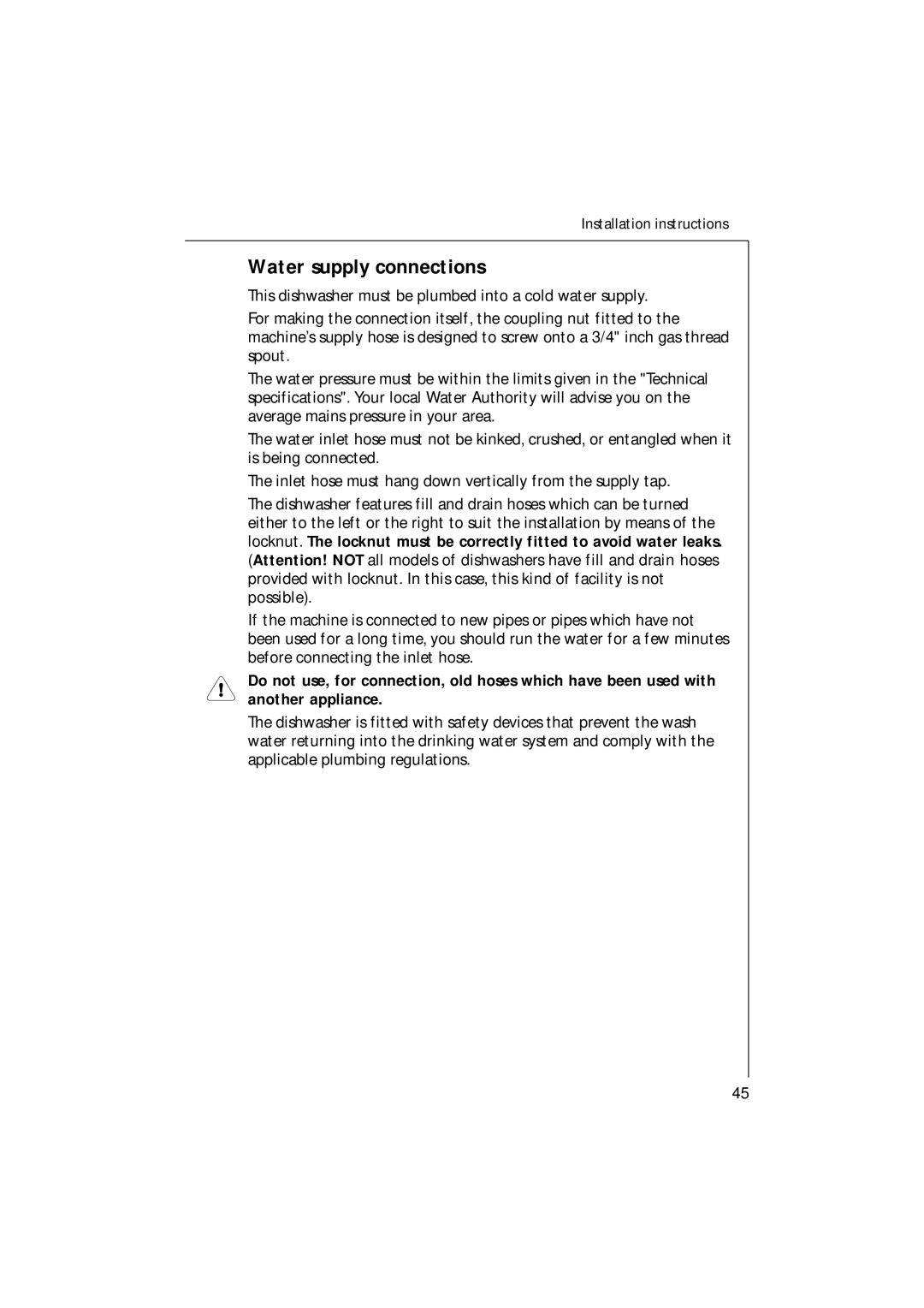 Electrolux 85480 VI manual Water supply connections 