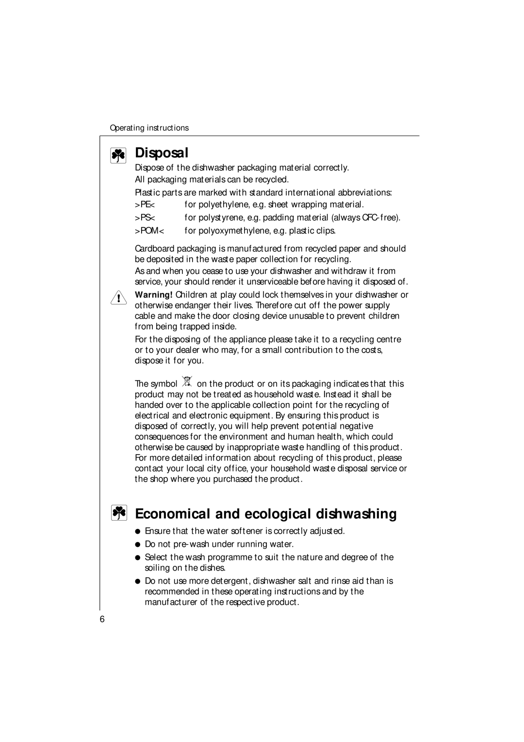 Electrolux 85480 VI manual Disposal, Economical and ecological dishwashing 