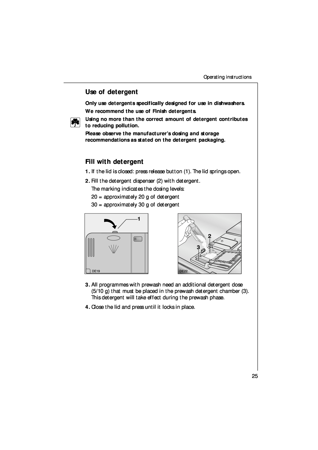 Electrolux 85480 VI manual Use of detergent, Fill with detergent, 20 = approximately 20 g of detergent 