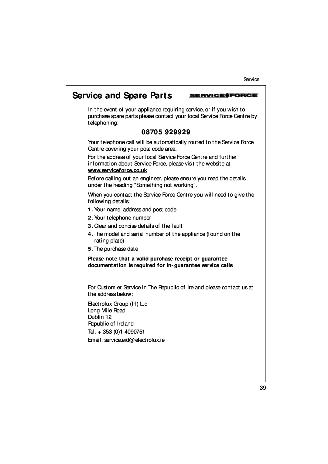 Electrolux 85480 VI manual Service and Spare Parts, 08705 