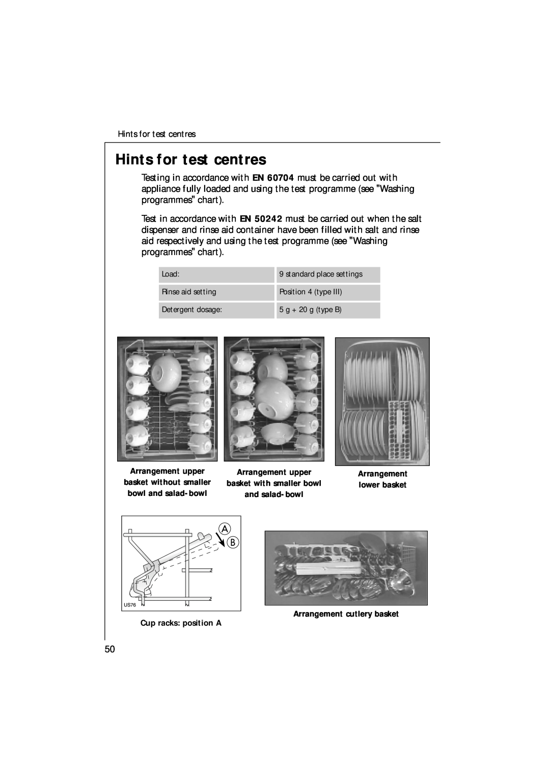 Electrolux 85480 VI manual Hints for test centres, lower basket, Arrangement cutlery basket Cup racks position A 