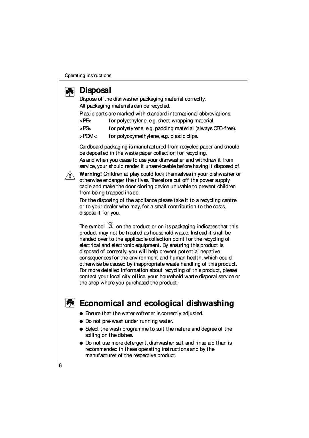 Electrolux 85480 VI manual Disposal, Economical and ecological dishwashing 
