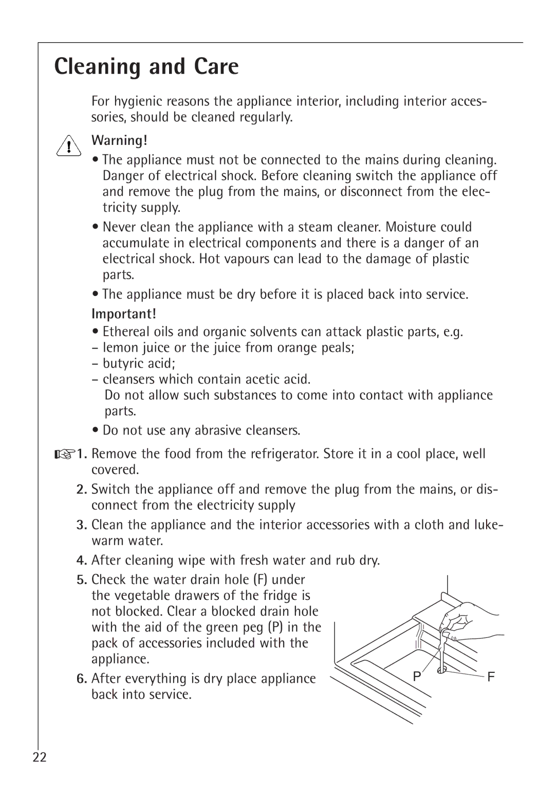 Electrolux 86000 i installation instructions Cleaning and Care 