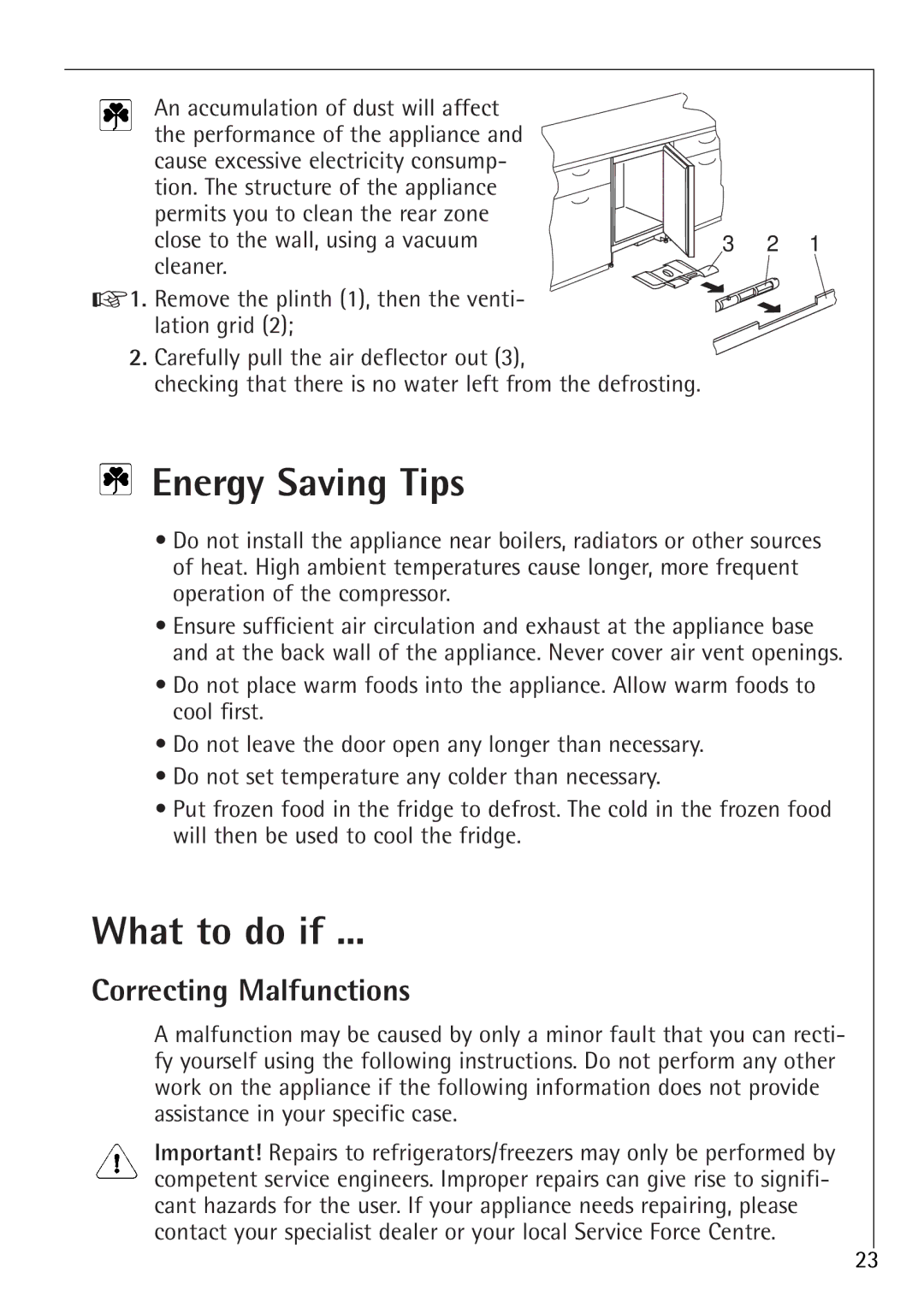 Electrolux 86000 i installation instructions Energy Saving Tips, What to do if, Correcting Malfunctions 