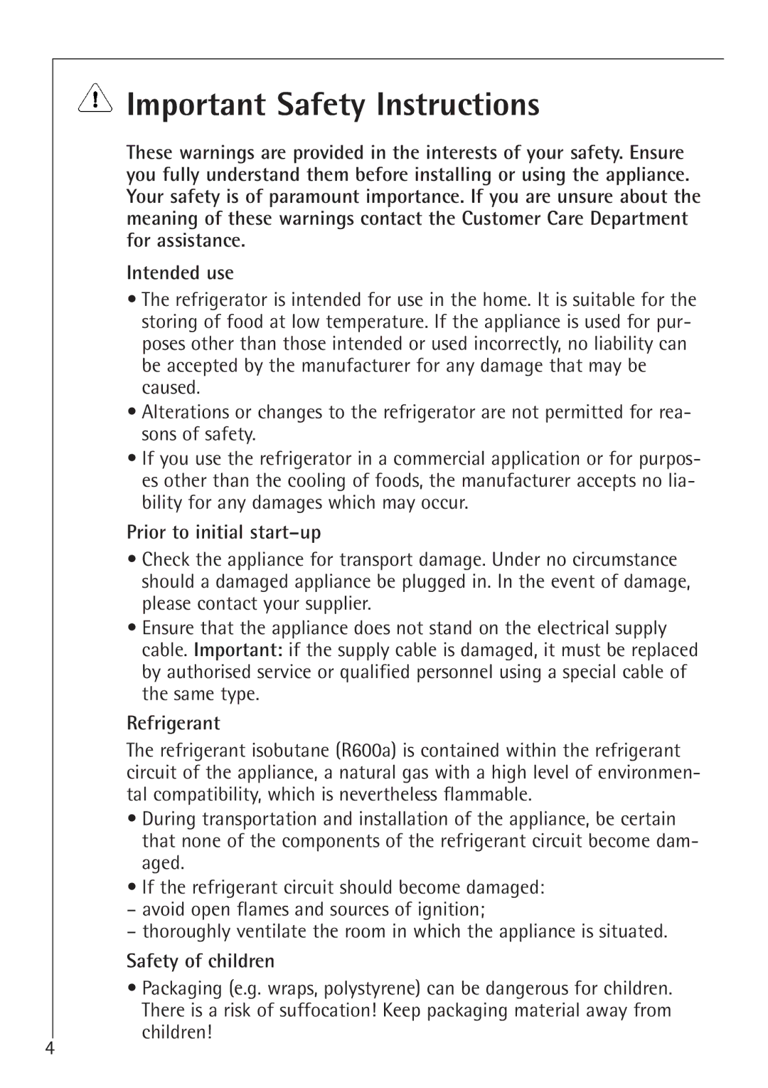 Electrolux 86000 i Important Safety Instructions, Prior to initial start-up, Refrigerant, Safety of children 