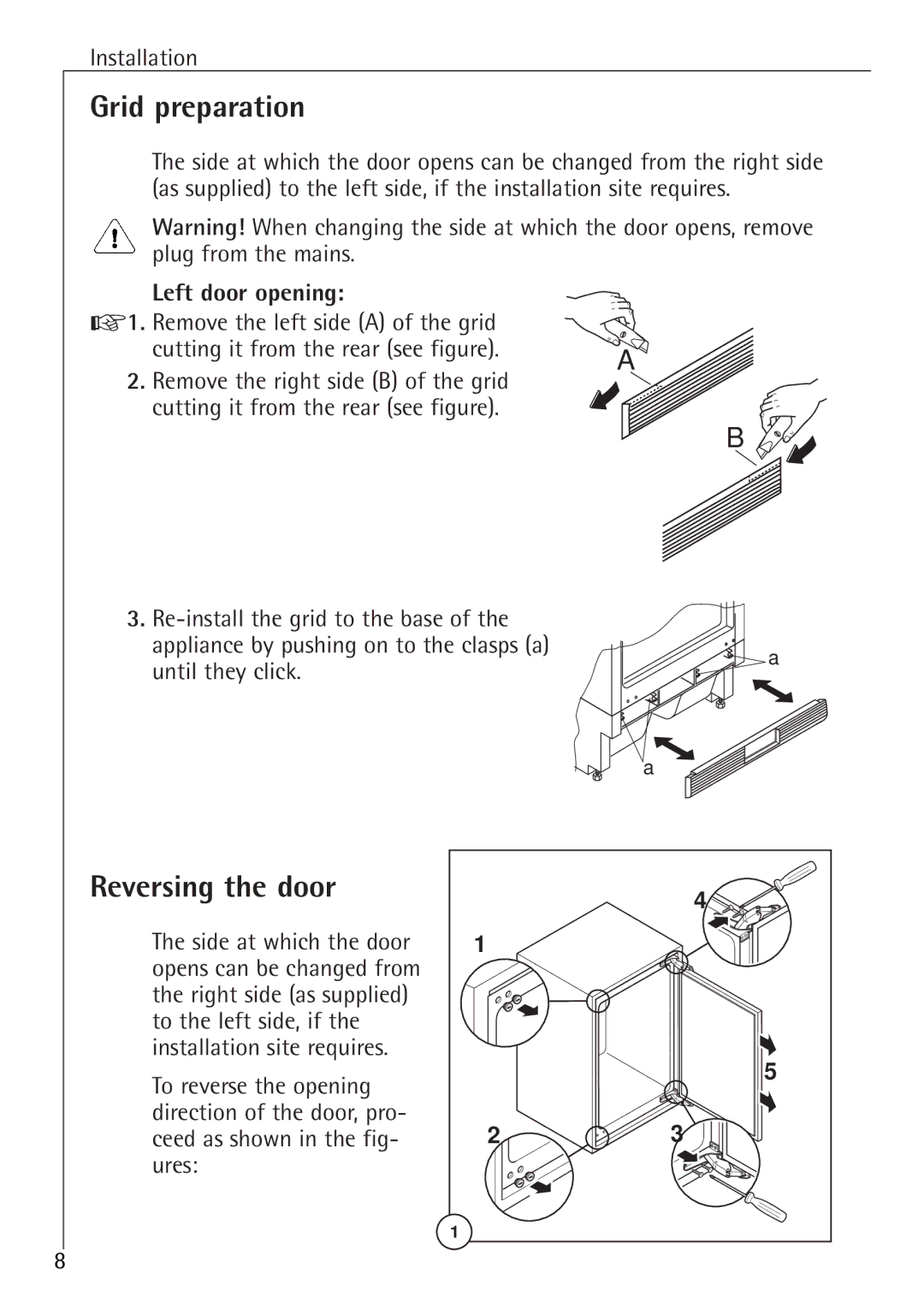 Electrolux 86000 i installation instructions Grid preparation, Reversing the door, Left door opening 