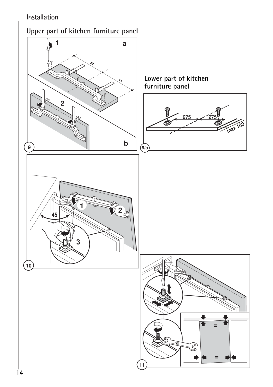 Electrolux 86000 i installation instructions Installation, Upper part of kitchen furniture panel, Lower part of kitchen 