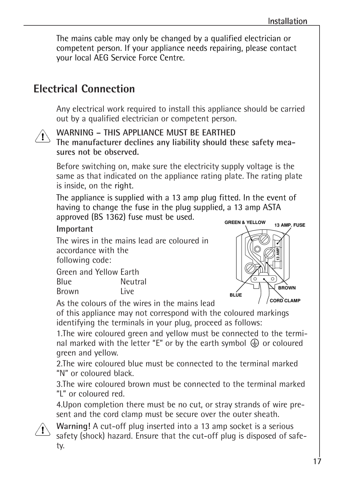 Electrolux 86000 i installation instructions Electrical Connection, Warning - This Appliance Must Be Earthed 