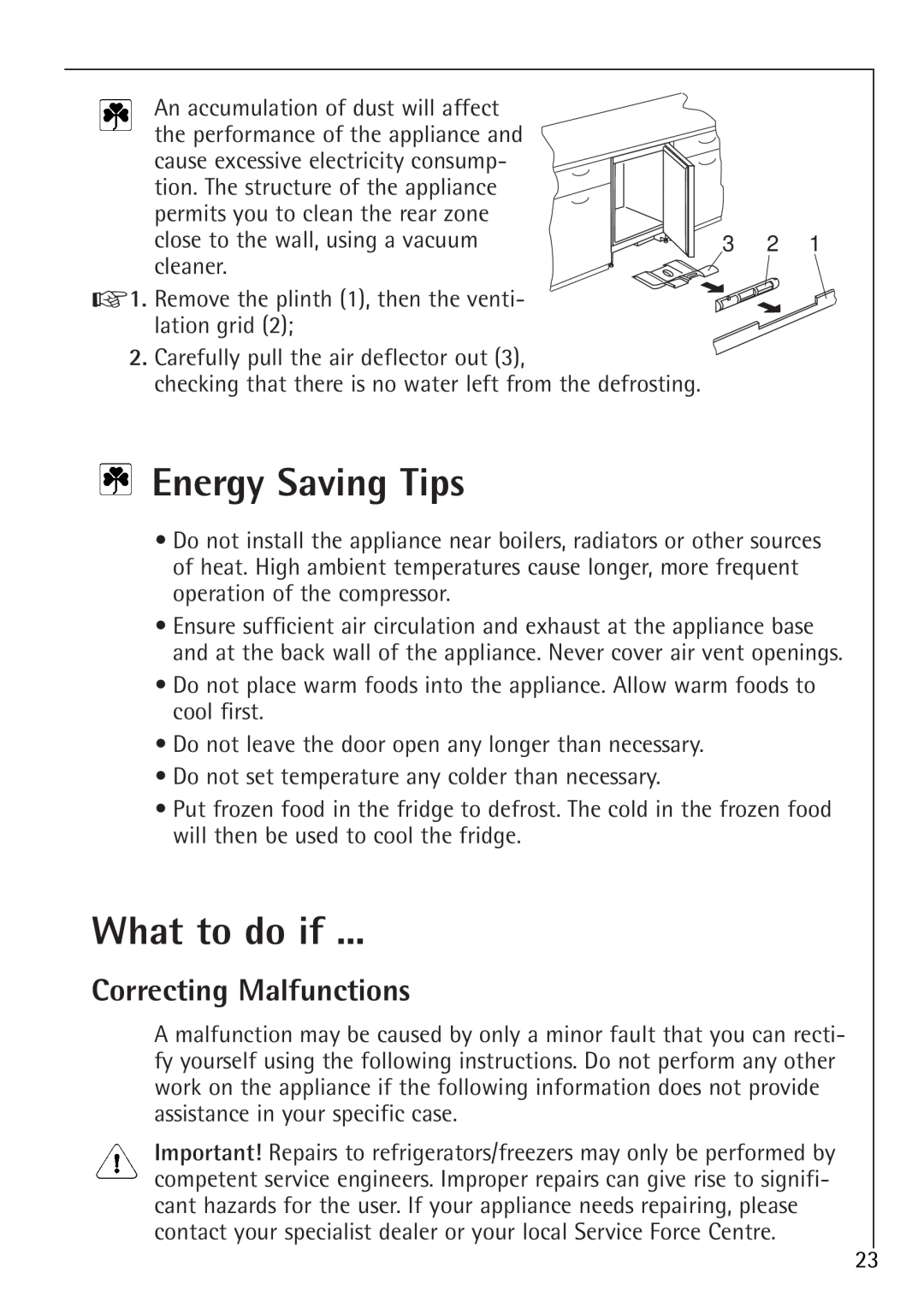 Electrolux 86000 i installation instructions Energy Saving Tips, What to do if, Correcting Malfunctions 